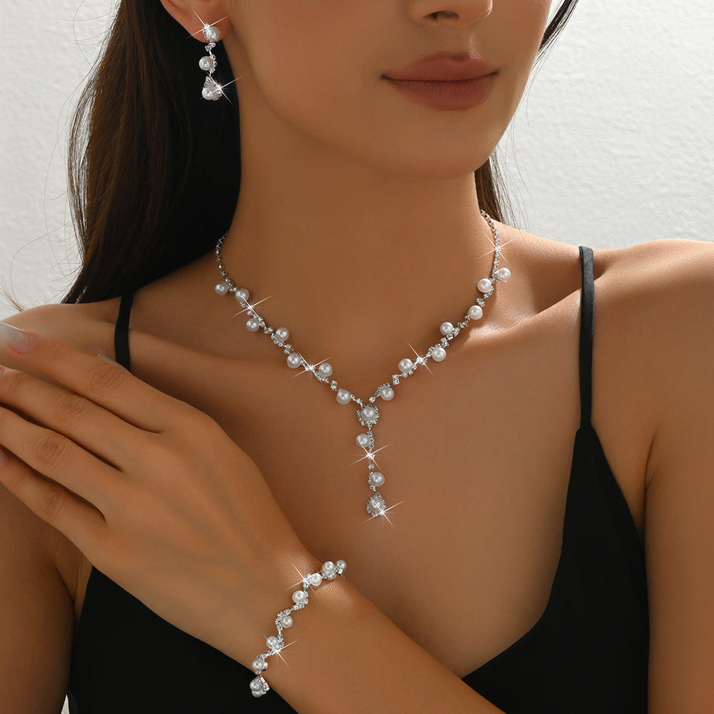 Women 3 Pcs Rhinestone Pearl Jewelry Set,Choker Necklace Dangle Earrings Bracelet,Elegant Costume Accessories For Dinner Party Evening Dress Occasion