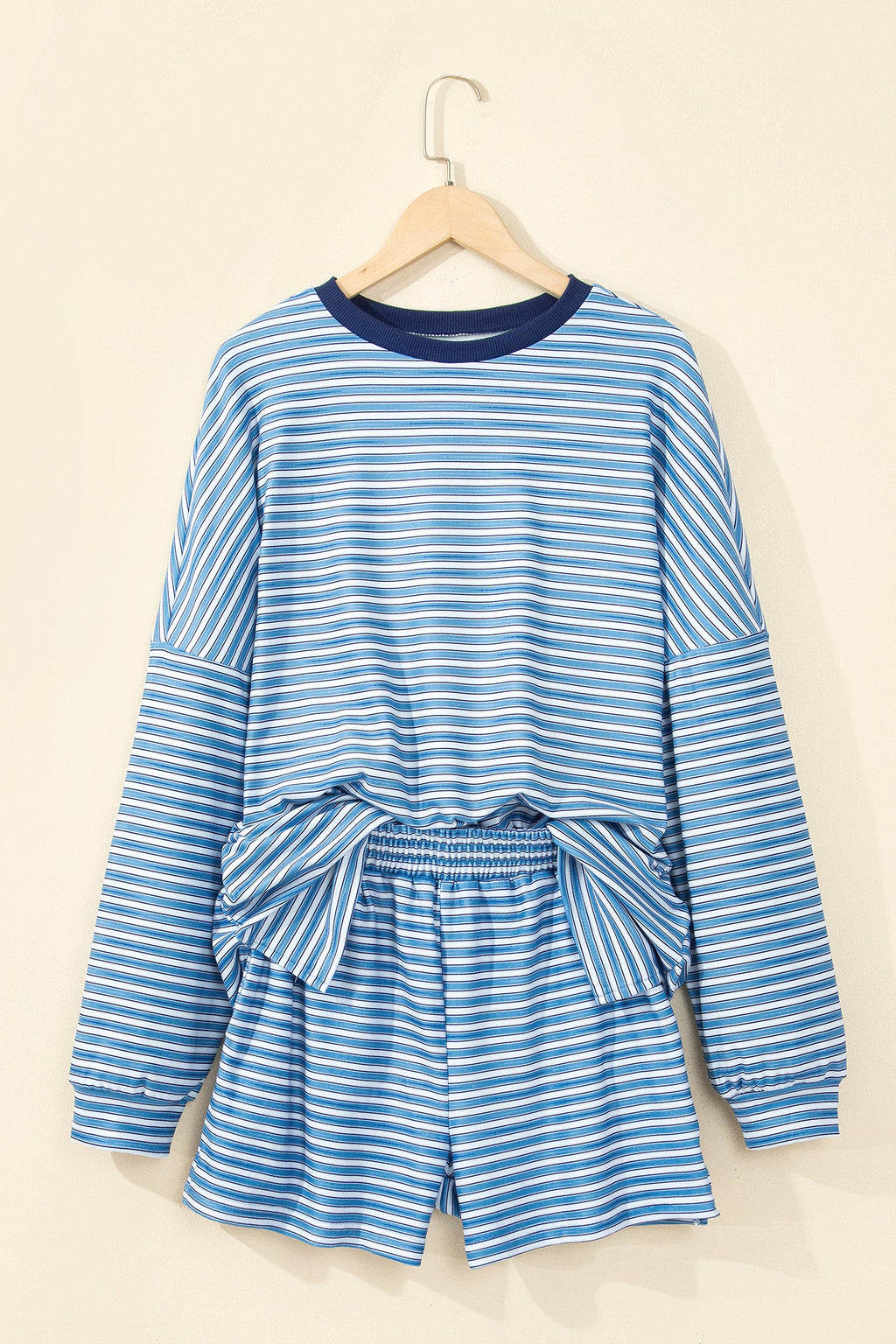Sky Blue Stripe Long Sleeve Oversized Top Pocketed Casual Shorts Two Piece Set