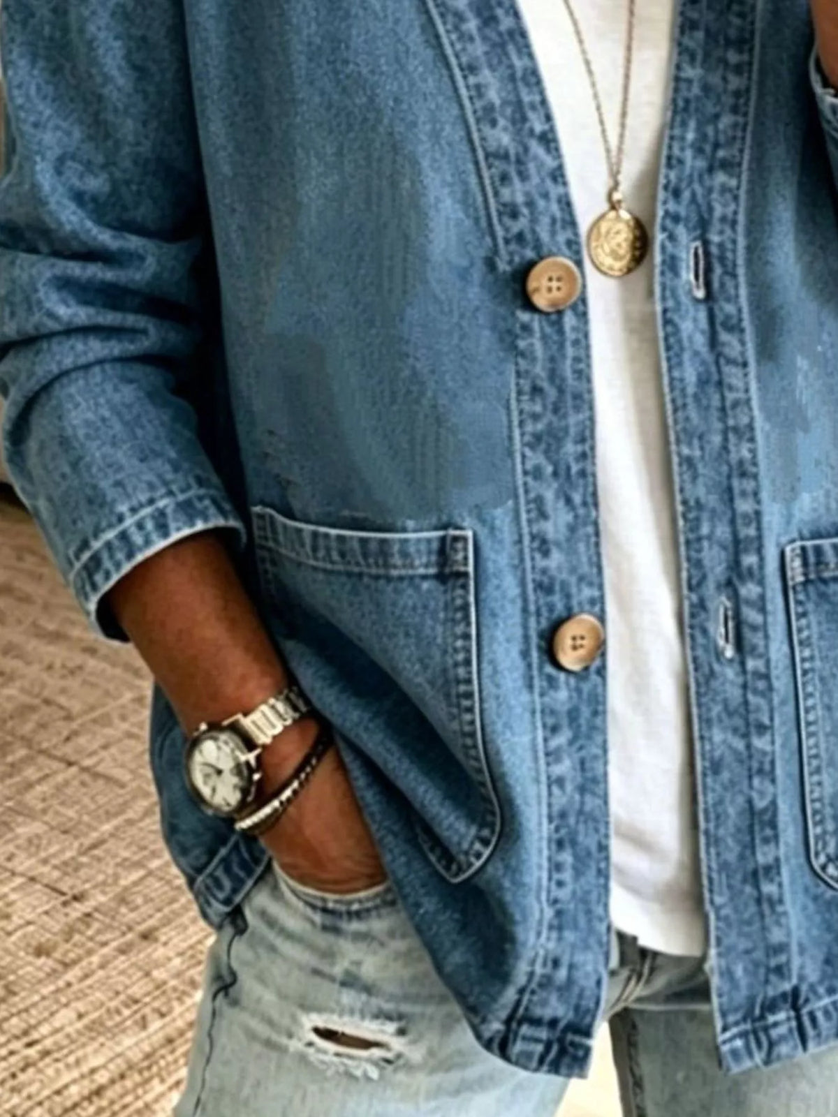 V-Neck Button-Down Denim Jacket