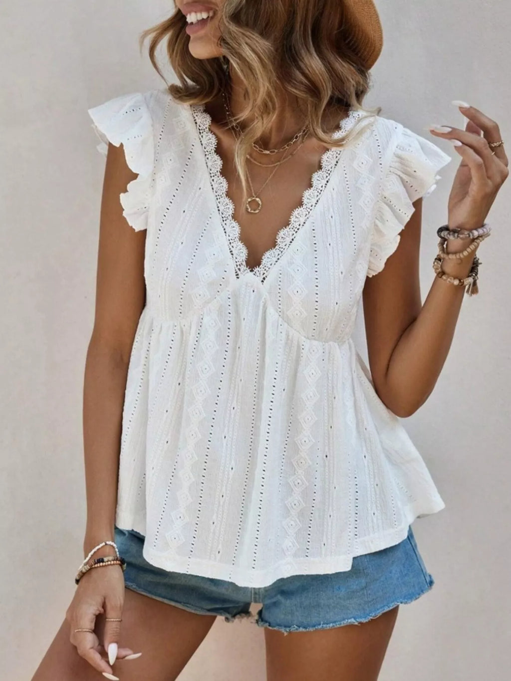 Ruffle Sleeve V-Neck Blouse