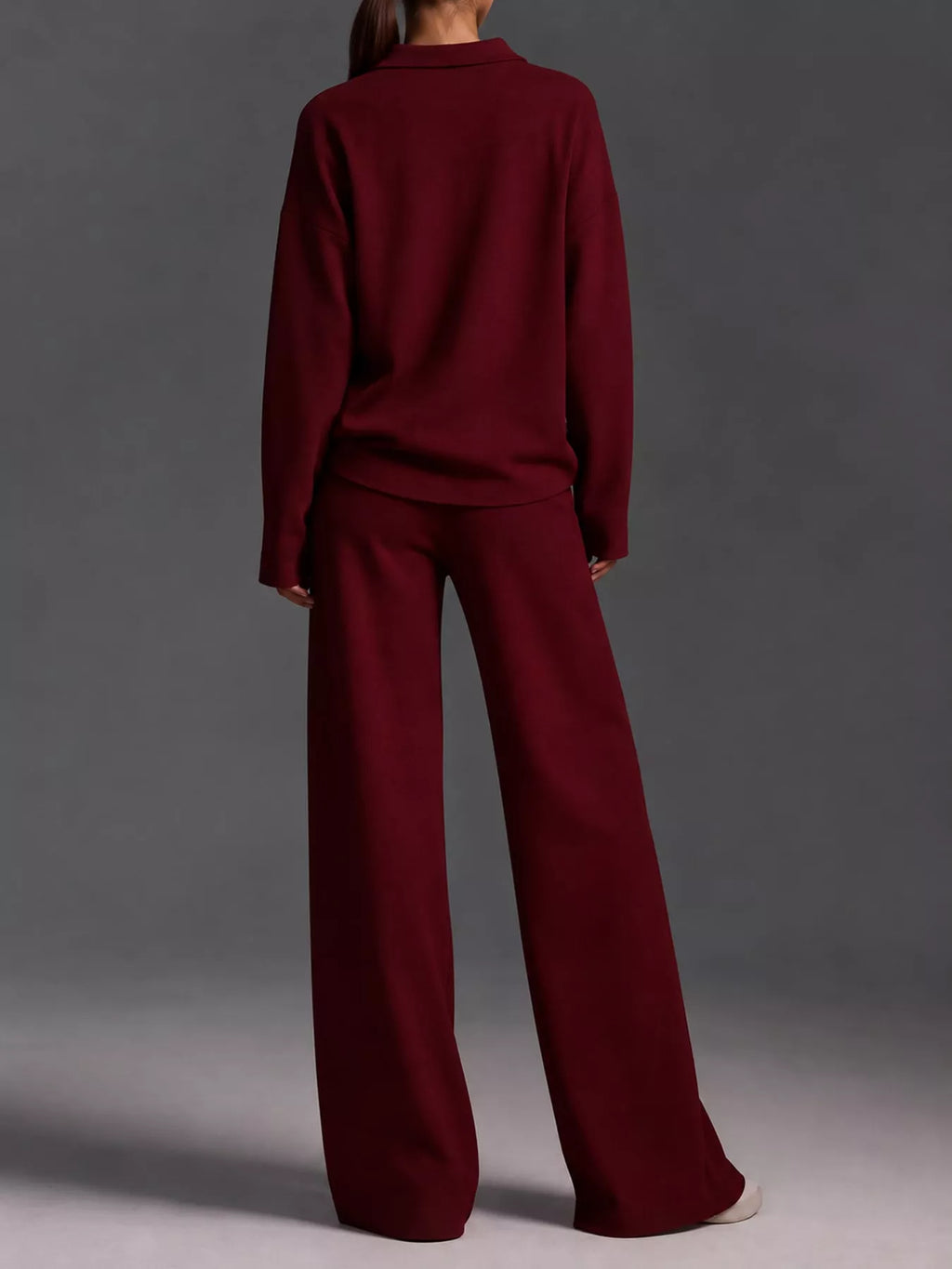 Polo Collar Top and Wide-Leg Pants Set