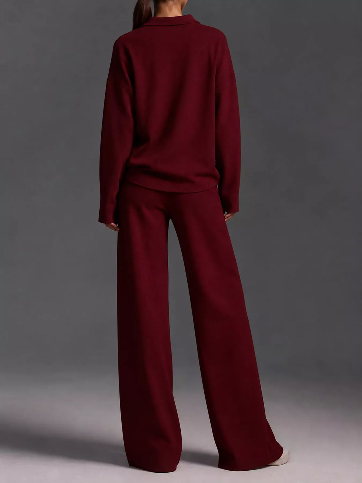 Polo Collar Top and Wide-Leg Pants Set
