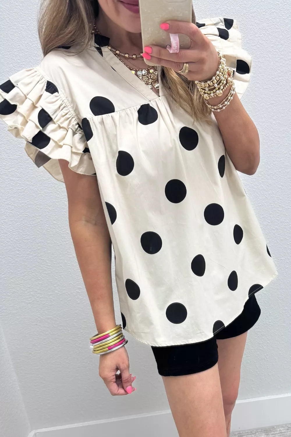 Casual Polka Dot V-Neck Ruffle Short Sleeve Blouse