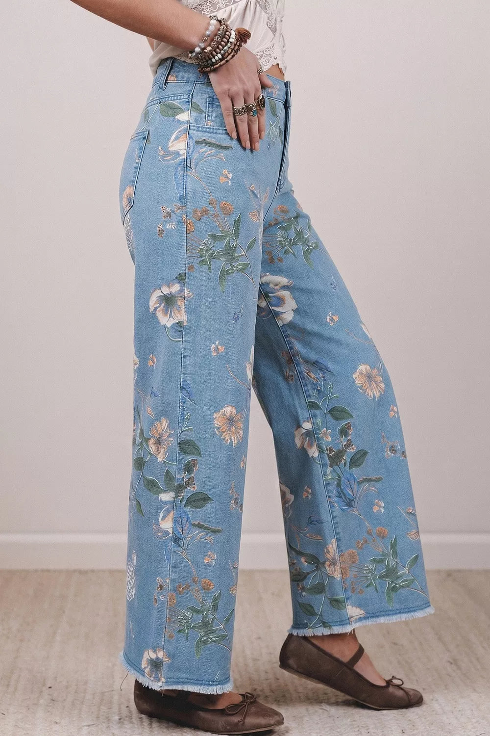 Floral Print Wide-Leg Jeans