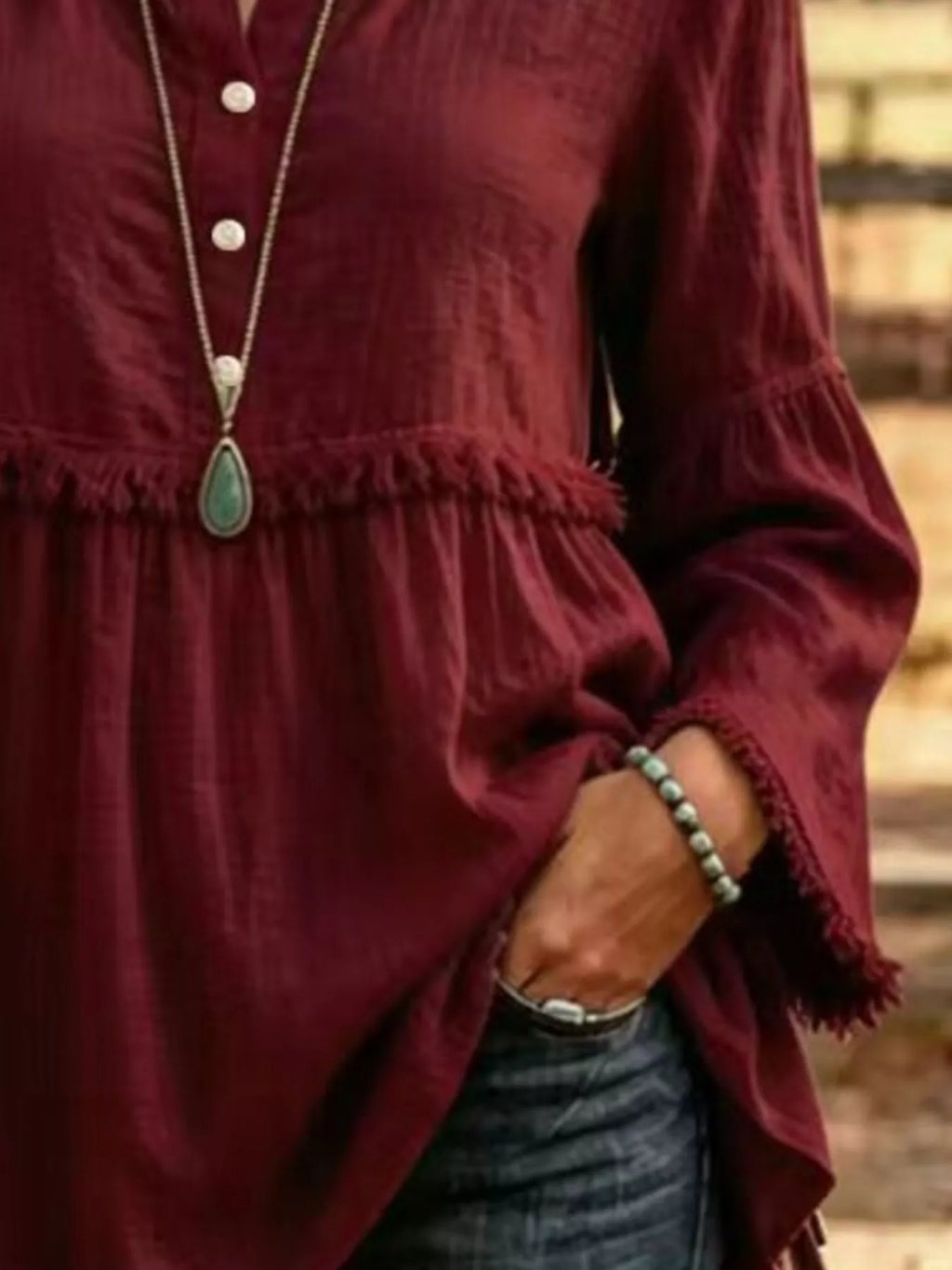 Full Size Fringed Button Detail Blouse Plus Size