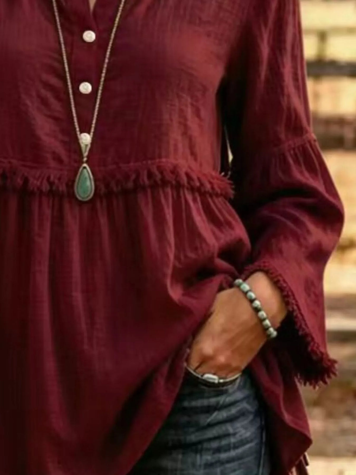 Full Size Fringed Button Detail Blouse Plus Size