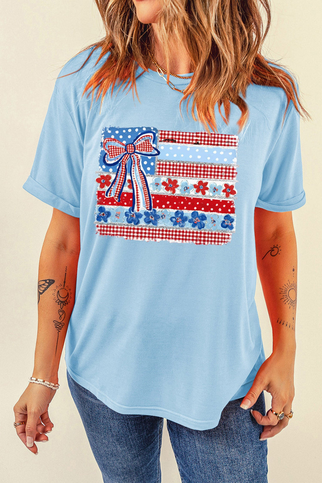 Light Blue Faux Patchwork Printed Coquette American Flag Graphic Tee