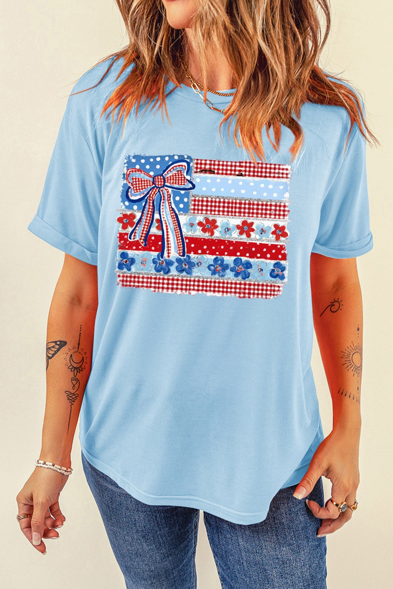 Light Blue Faux Patchwork Printed Coquette American Flag Graphic Tee