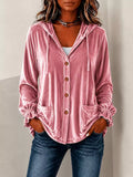 Full Size Velvet Button-Down Hooded Outerwear Plus Size