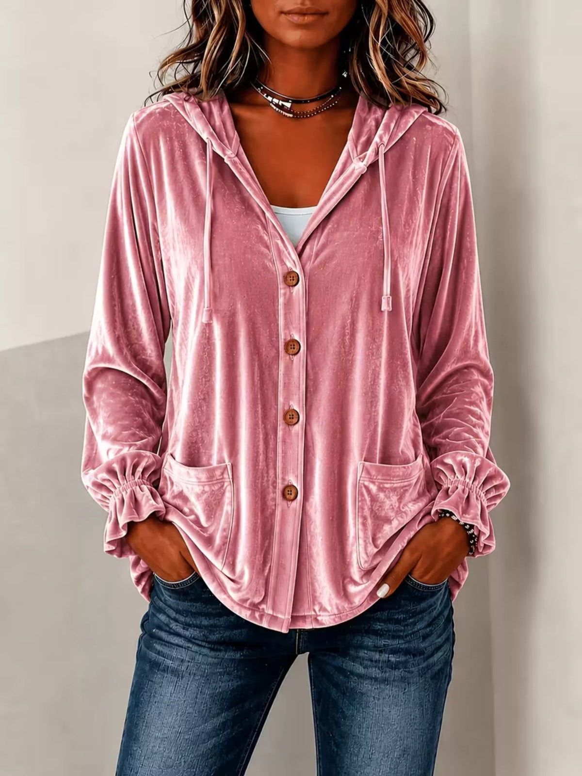 Full Size Velvet Button-Down Hooded Outerwear Plus Size