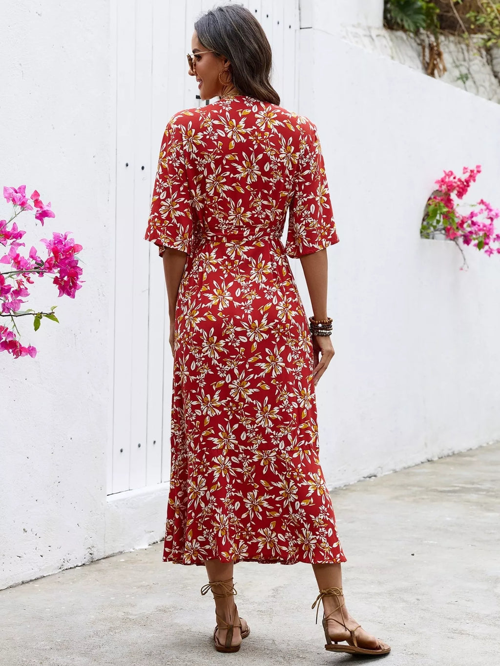 Slit Printed Surplice Midi Dress