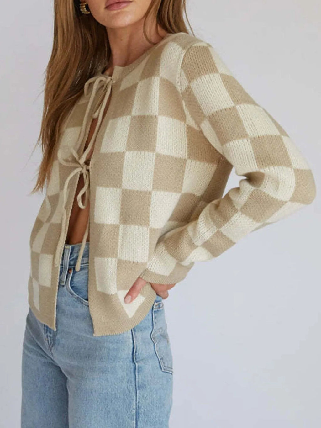 Checkered Tie-Front Cropped Knit Cardigan