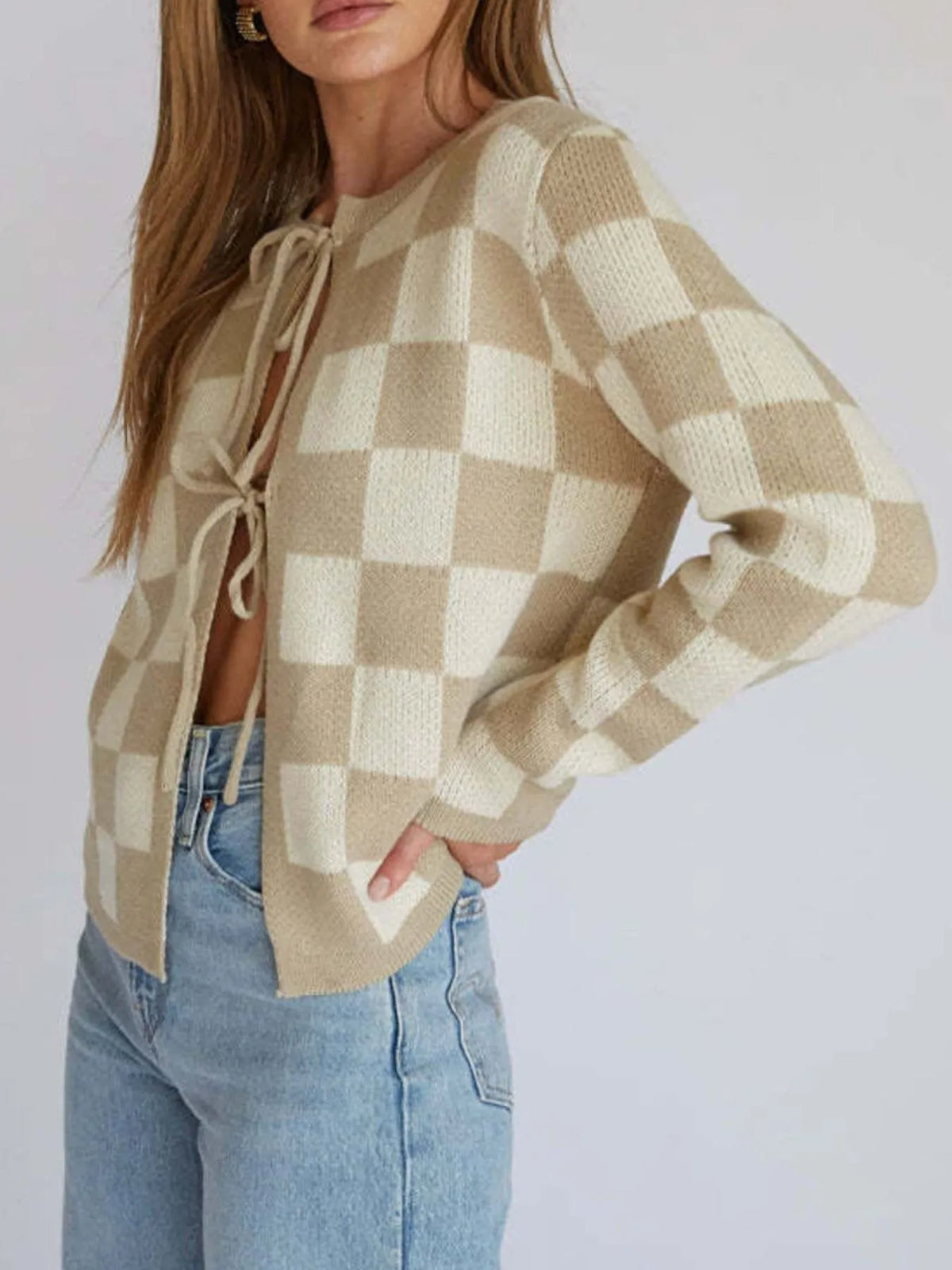 Checkered Tie-Front Cropped Knit Cardigan