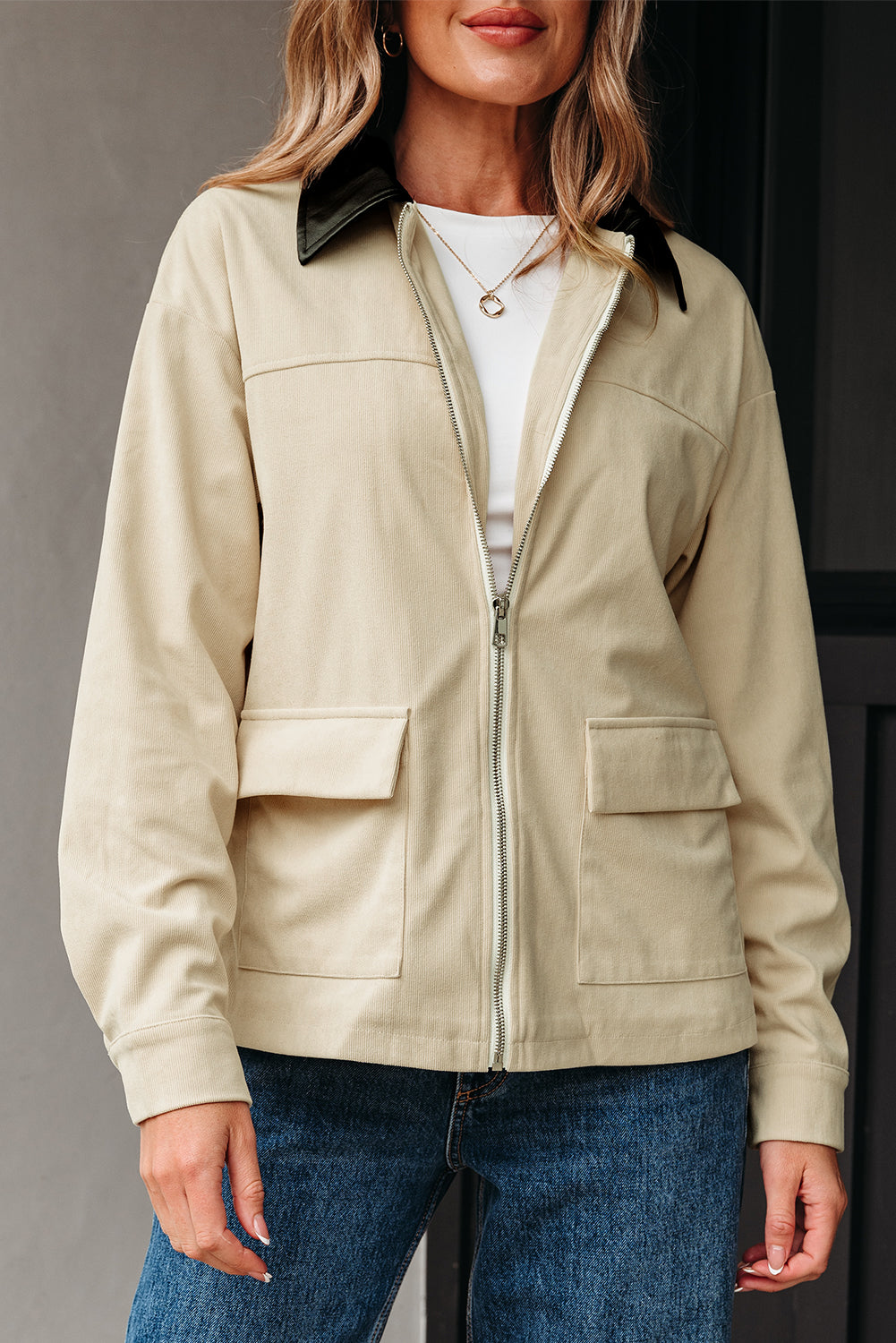 Textured Zip-Up Collared Faux Leather Jacket