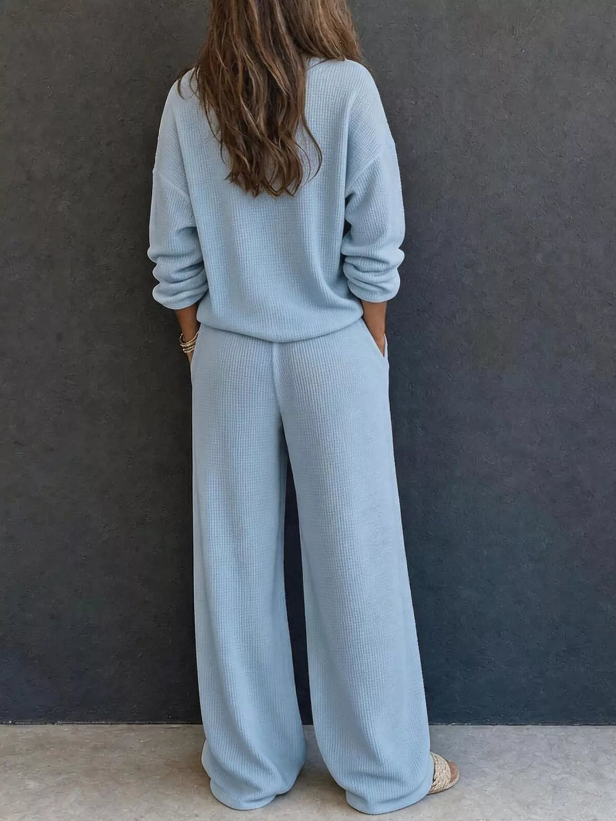 Waffle Knit Button Detail Top and Pants Set