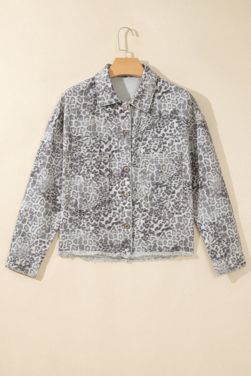 Khaki Leopard Print Studded Collar Studded Patch Pocket Denim Jacket