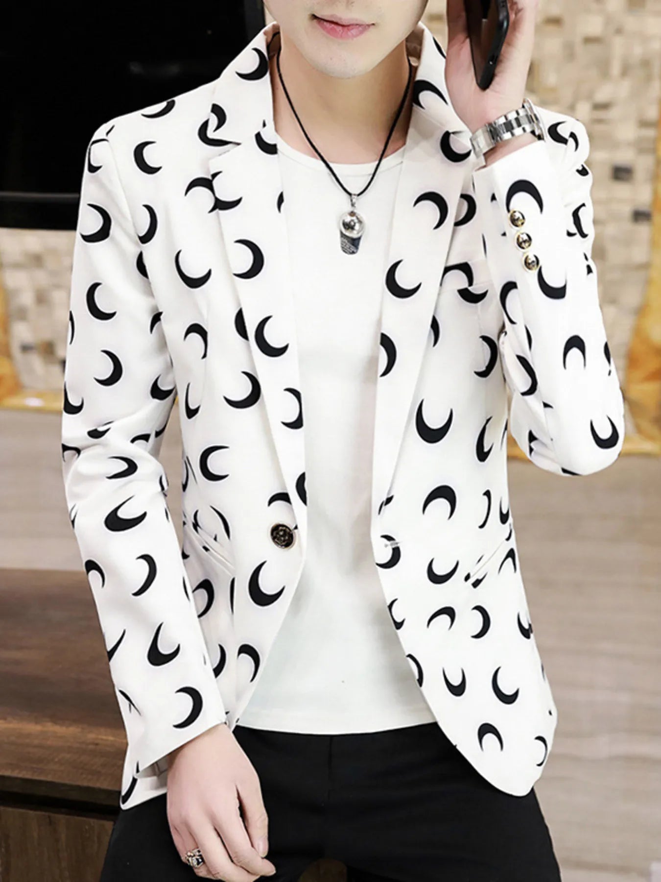 Men's Plus Size Crescent Moon Print One Button Blazer