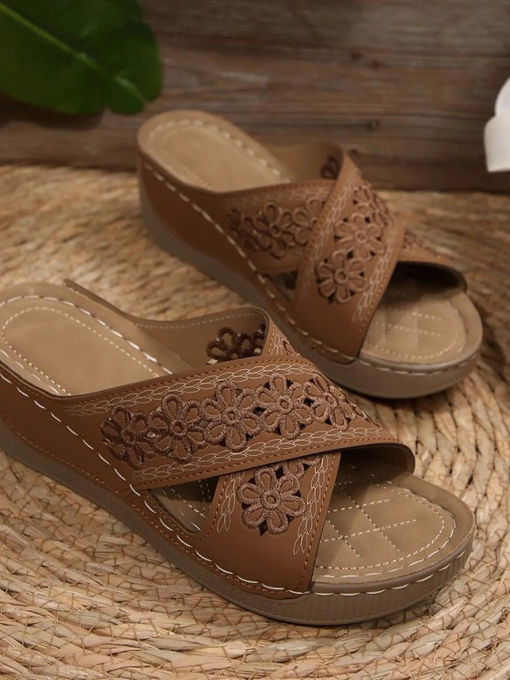 Crisscross Flower Wedge Sandals