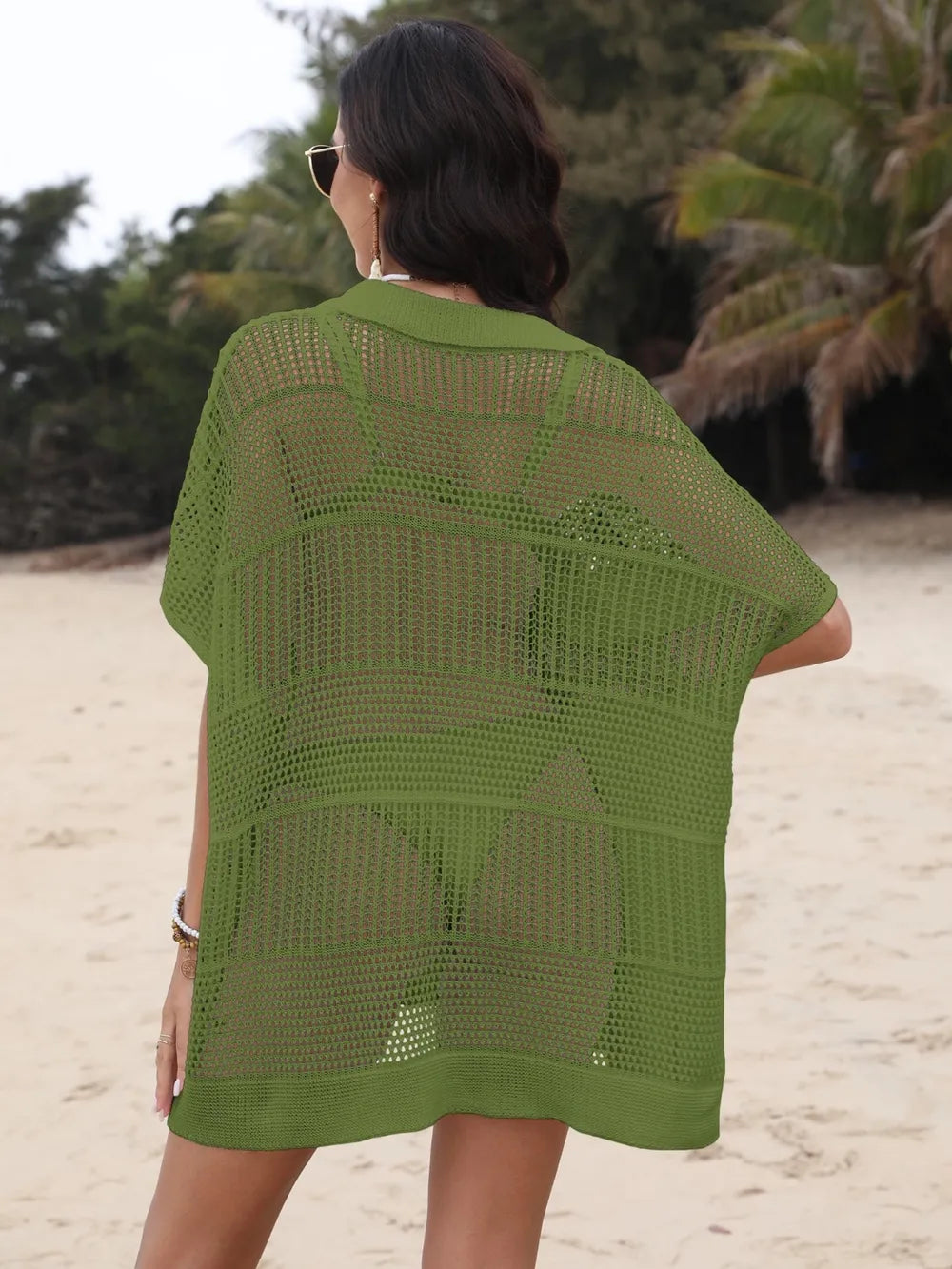 Hollow Out Collared Neck Openwork Sheer Cover-Up