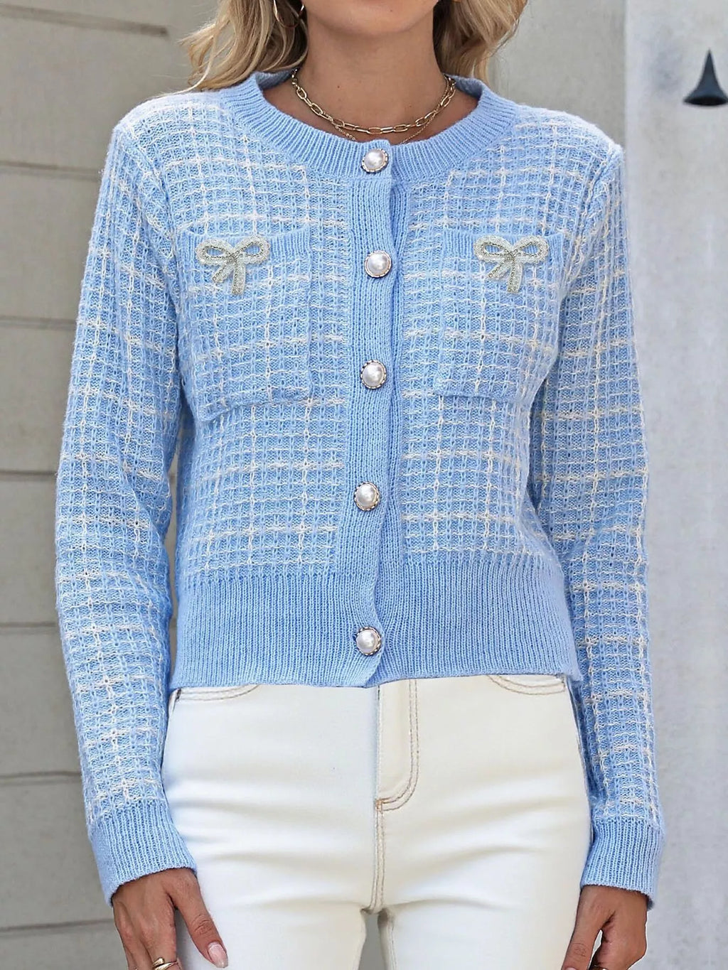 Tweed-Style Bow Button-Down Cardigan