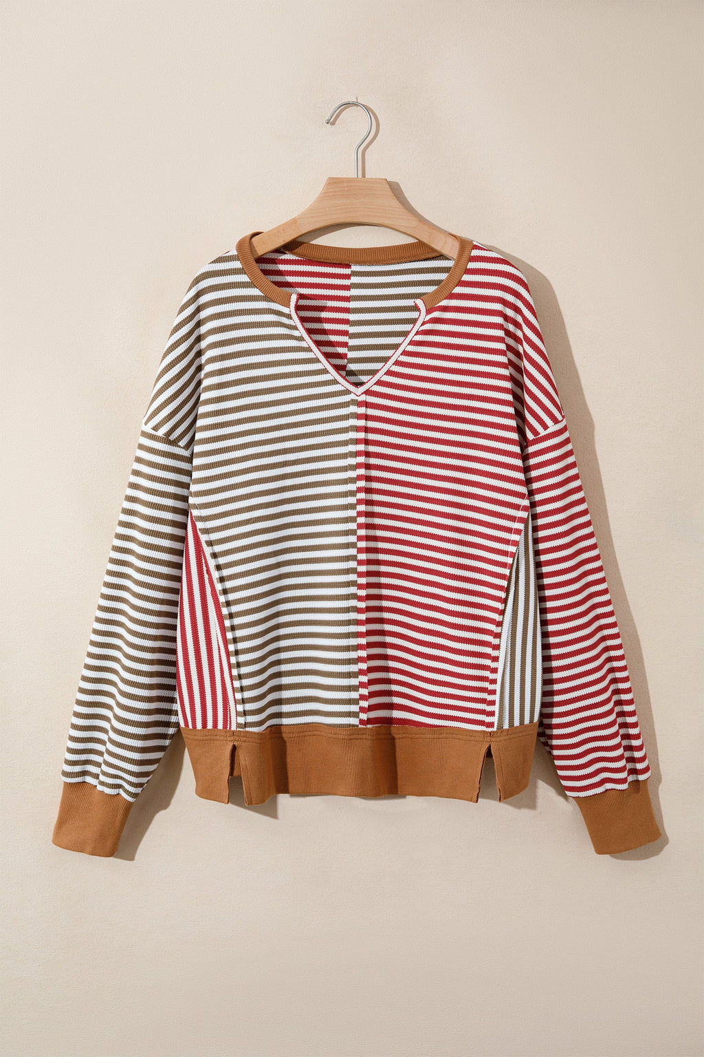 Red Striped Colorblock V Neck Long Sleeve Top