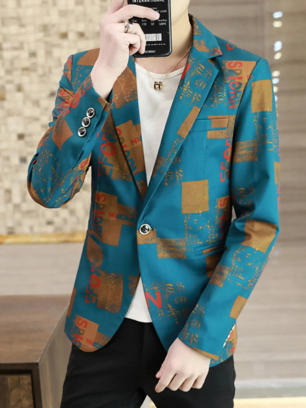 Men's Plus Size Printed One Button Slim Fit Blazer