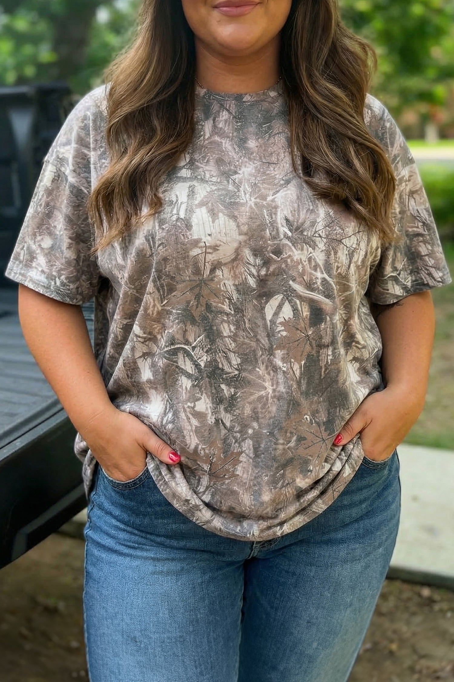 Khaki Plus Size Woodland Camouflage Print T Shirt