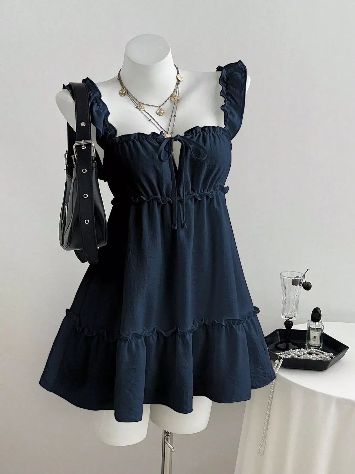 Ruffled Square Neck Tie-Front Mini Dress
