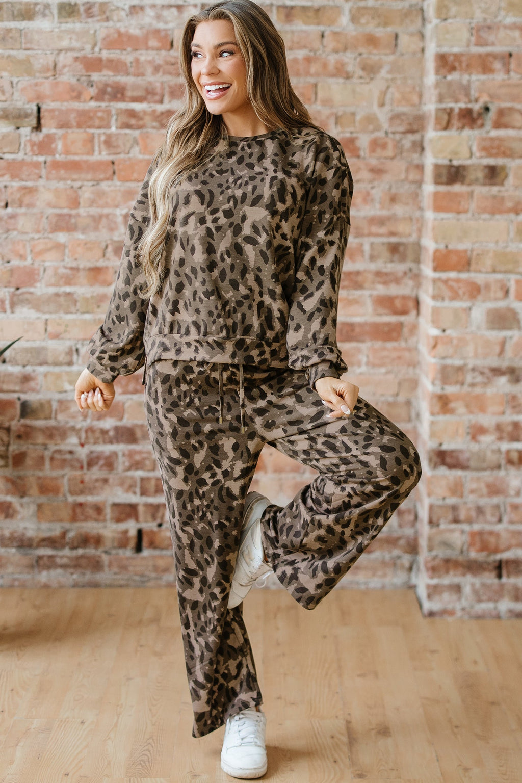 Brown Leopard Print Raw Seam Patchwork Pullover Drawstring Loose Pant Set