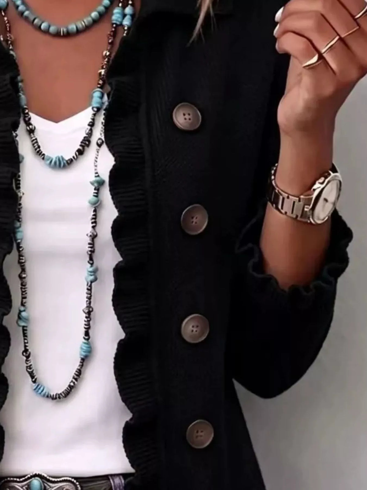 Full Size Ruffled Trim Decorative Button Cardigan Plus Size