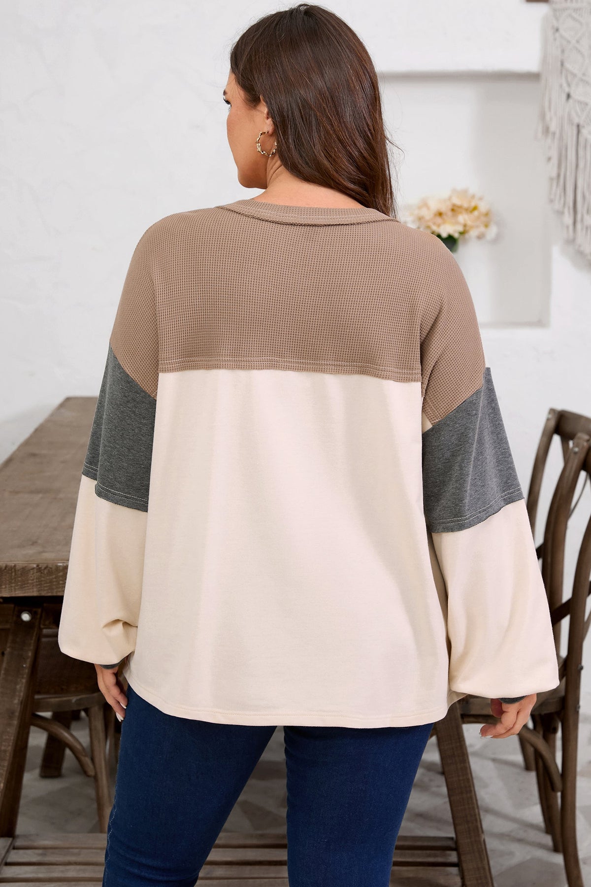 Plus Size Colorblock Waffle Knit Patchwork Half-Button Top