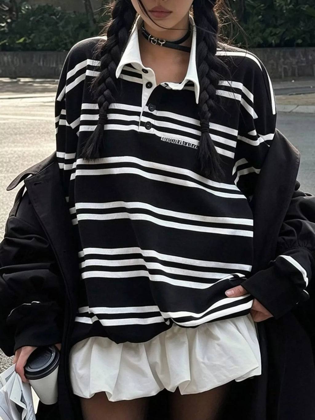 Oversized Striped  Contrast Collar Polo Top