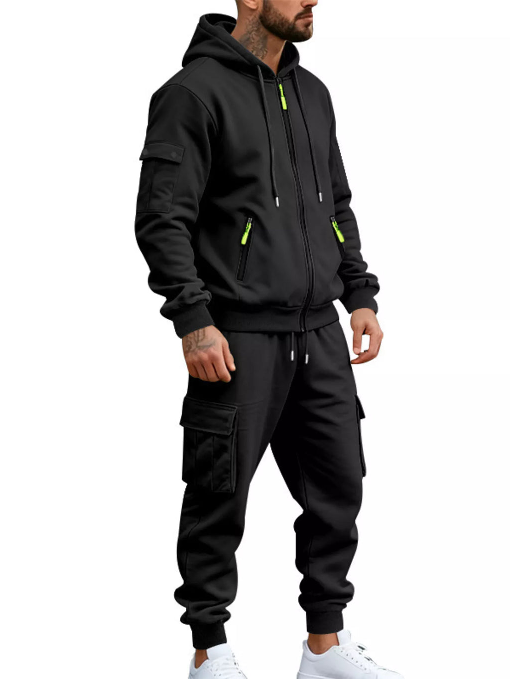 Men's Plus Size Casual Zip-Up Hoodie and Cargo Pants Set
