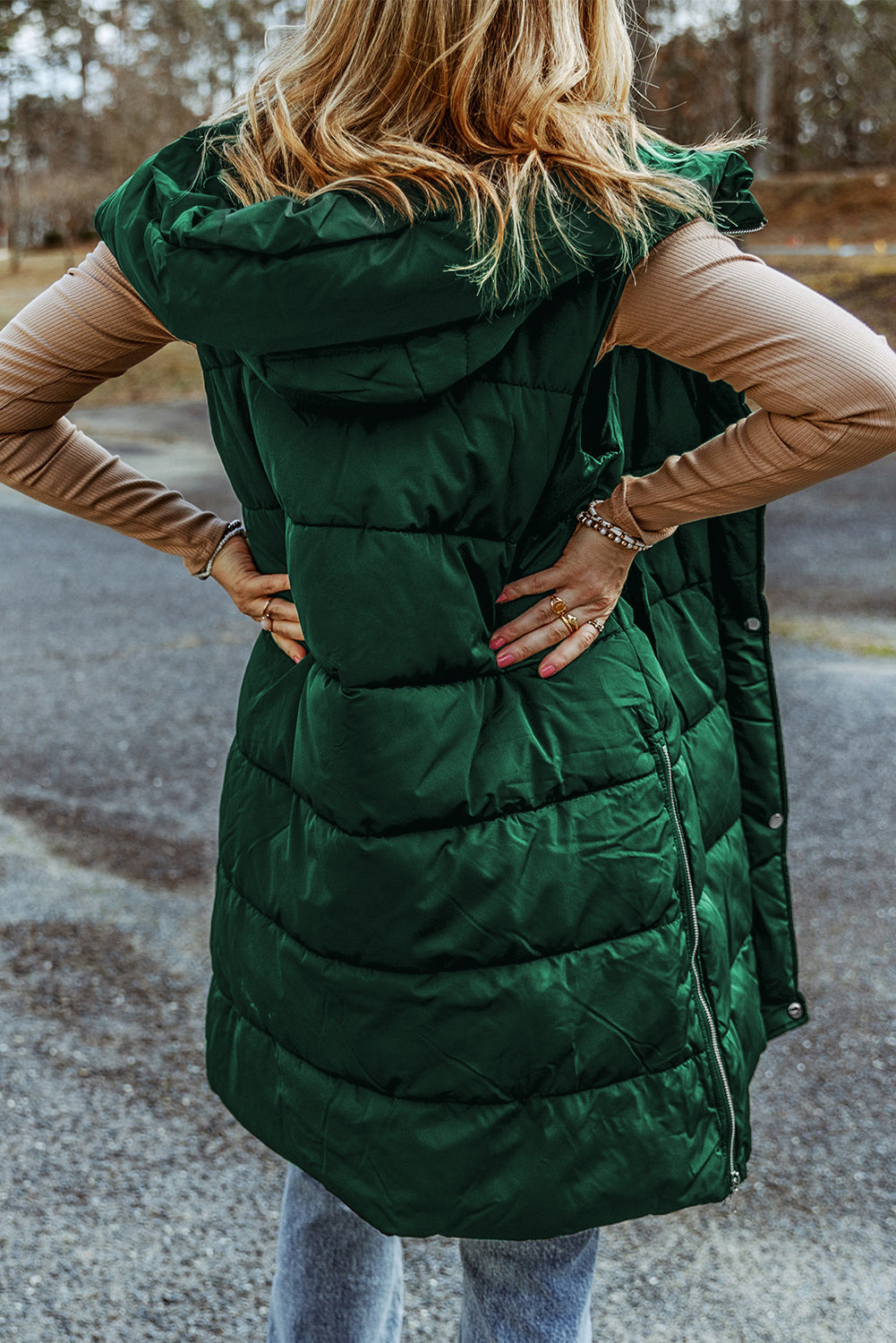 Solid Quilted Long Hooded Vest Coat