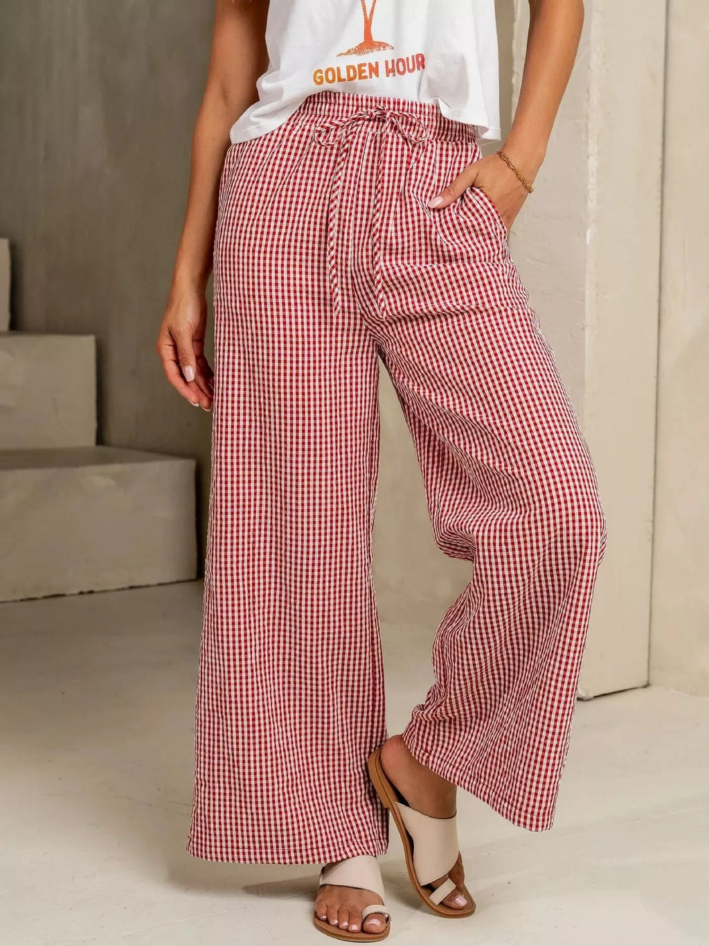 Gingham Wide-Leg Viscose Pants with Drawstring Waist and Pockets