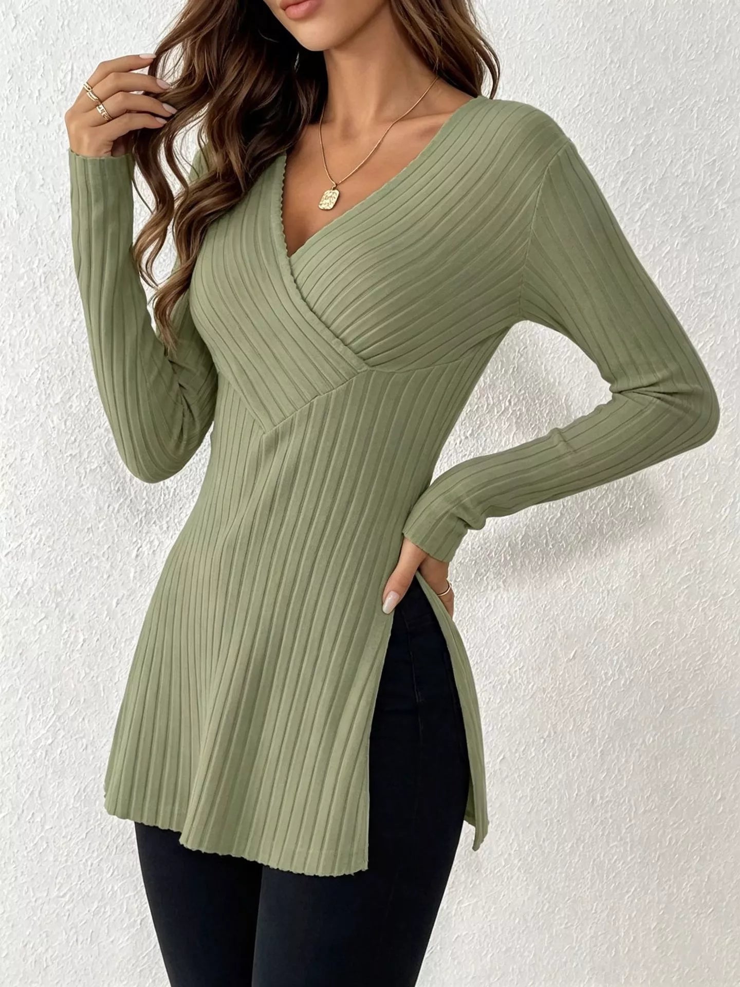 Ribbed Knit Long Sleeve Wrap T-Shirt