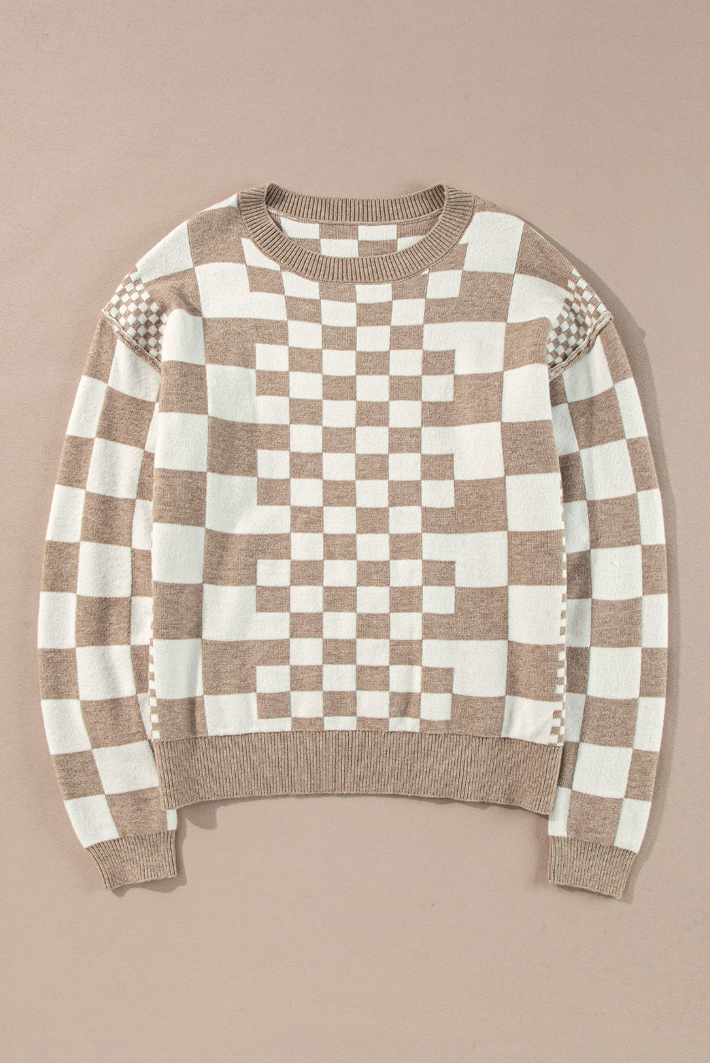 Checker Round Neck Drop Shoulder Sweater