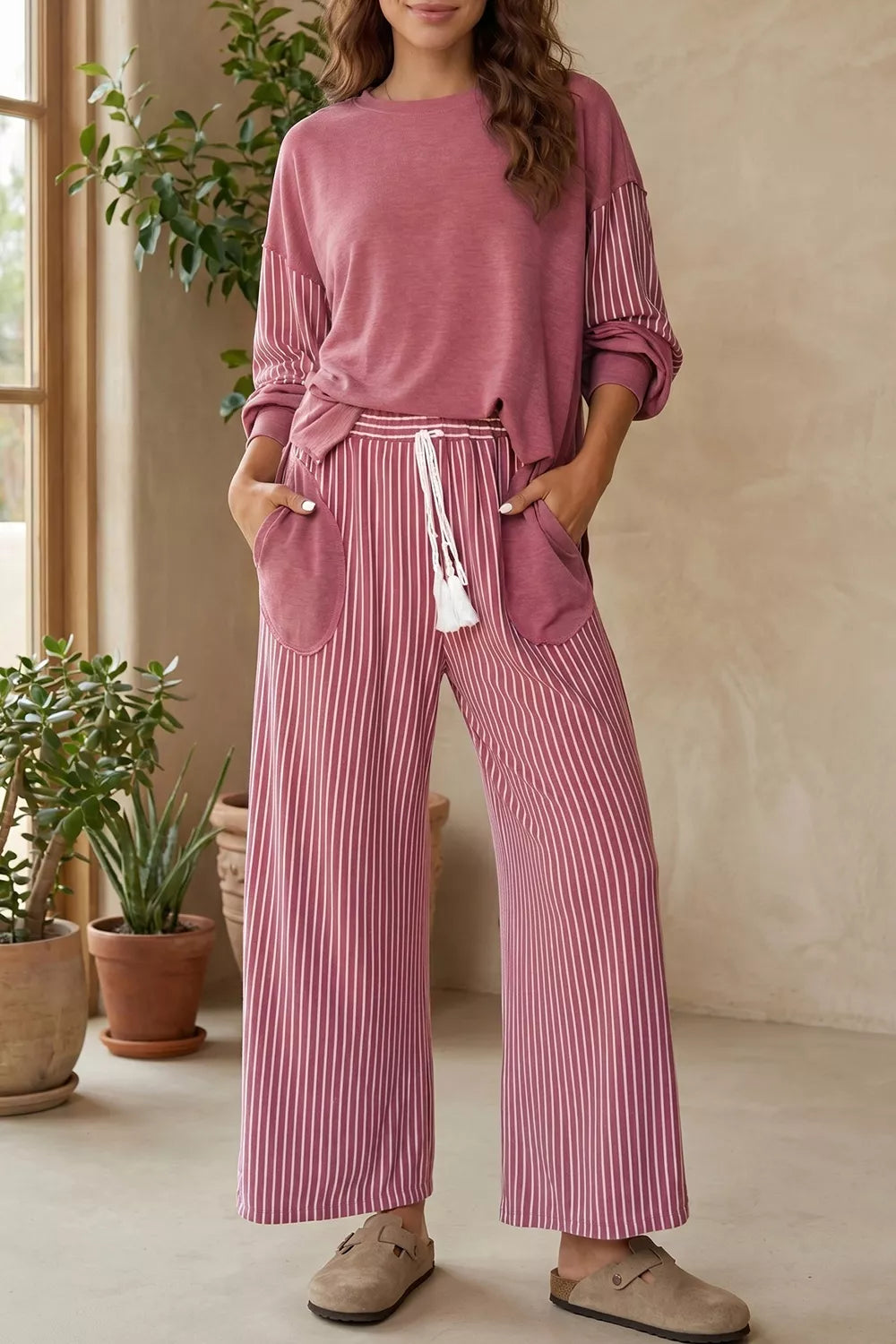Rae Edge Patchwork Long Sleeve Top and Pocket Casual Pants Set