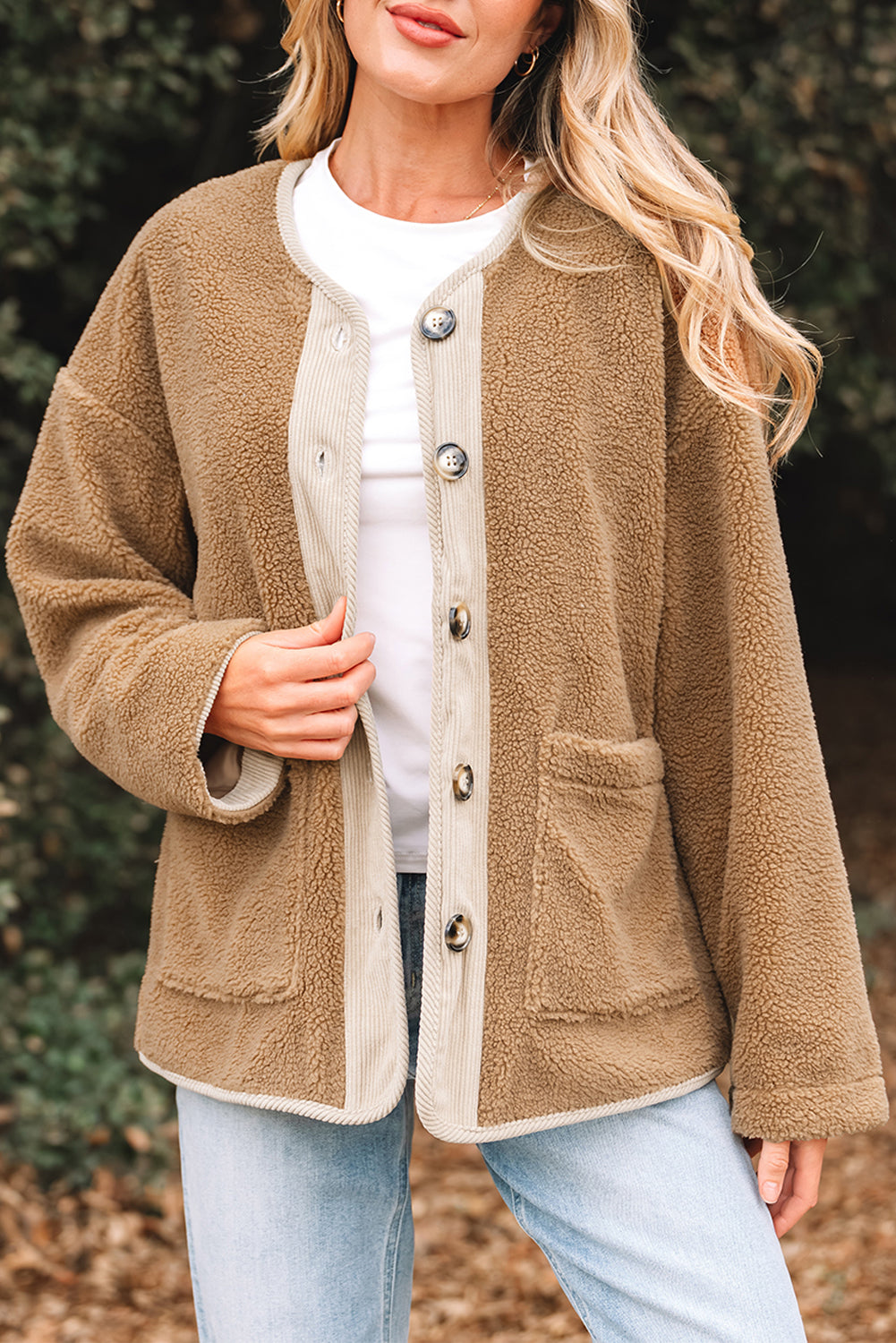 Fleece Corduroy Patchwork Button Up Jacket