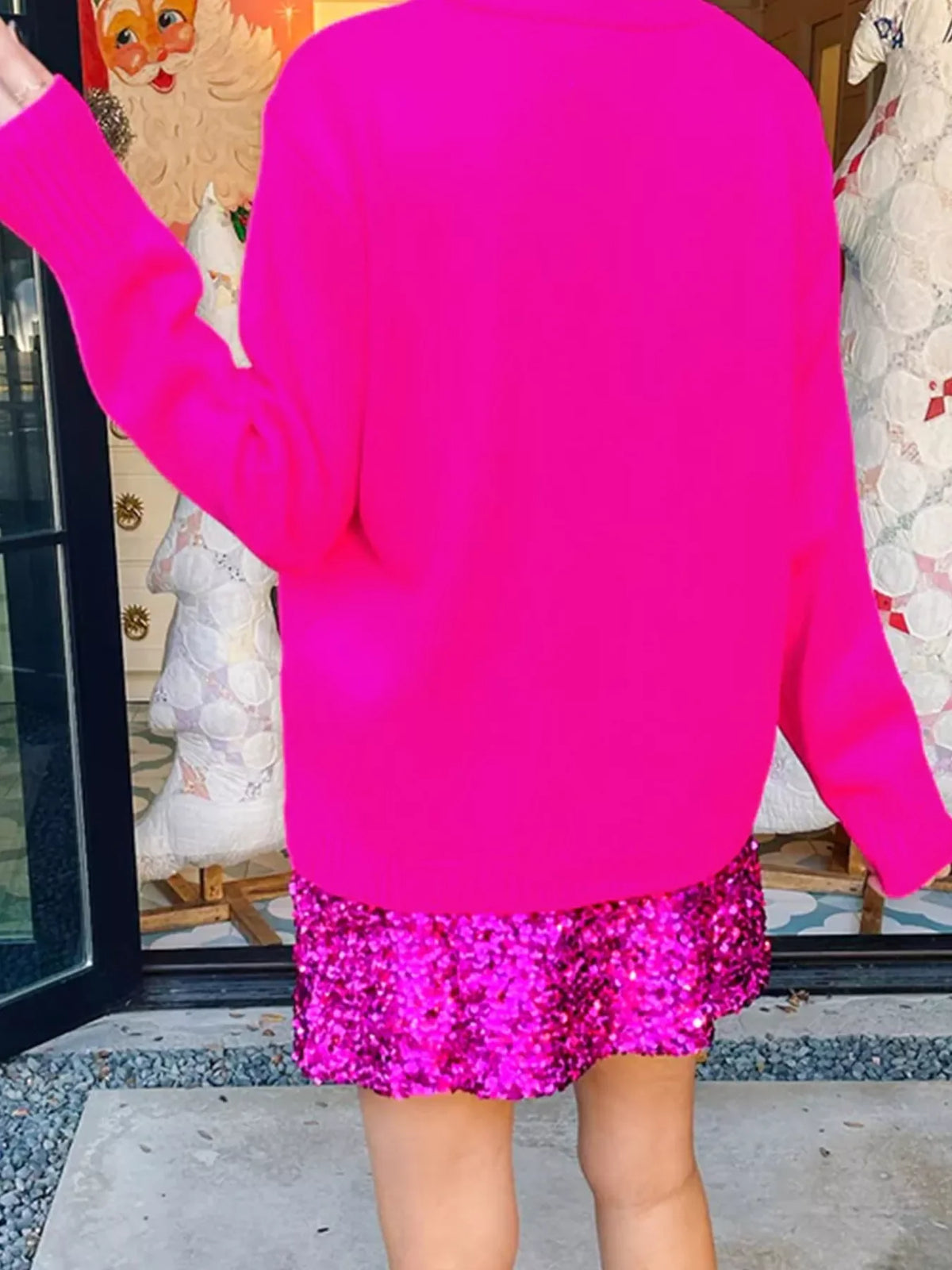 Merry Print Ribbed Trim Round Neck Loose Fit Sweater