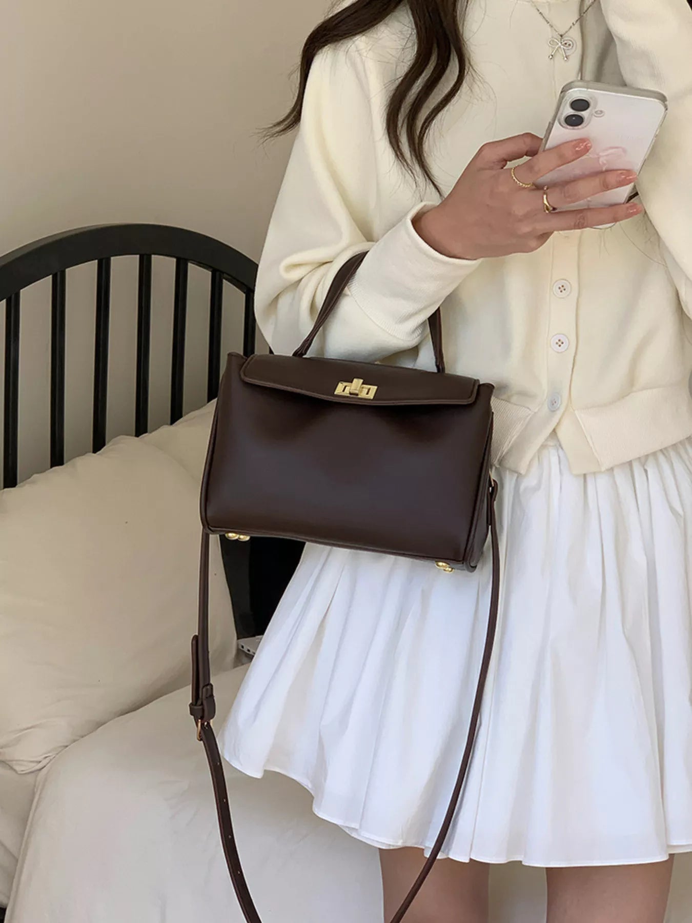 Golden Clasp Leather Crossbody Bag