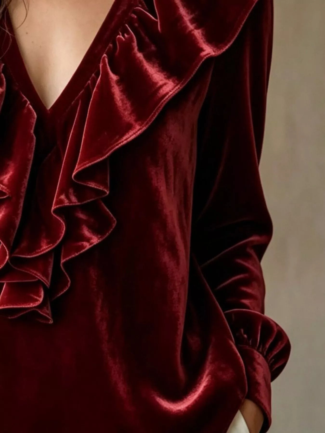 Ruffled V-Neck Long Sleeve Blouse