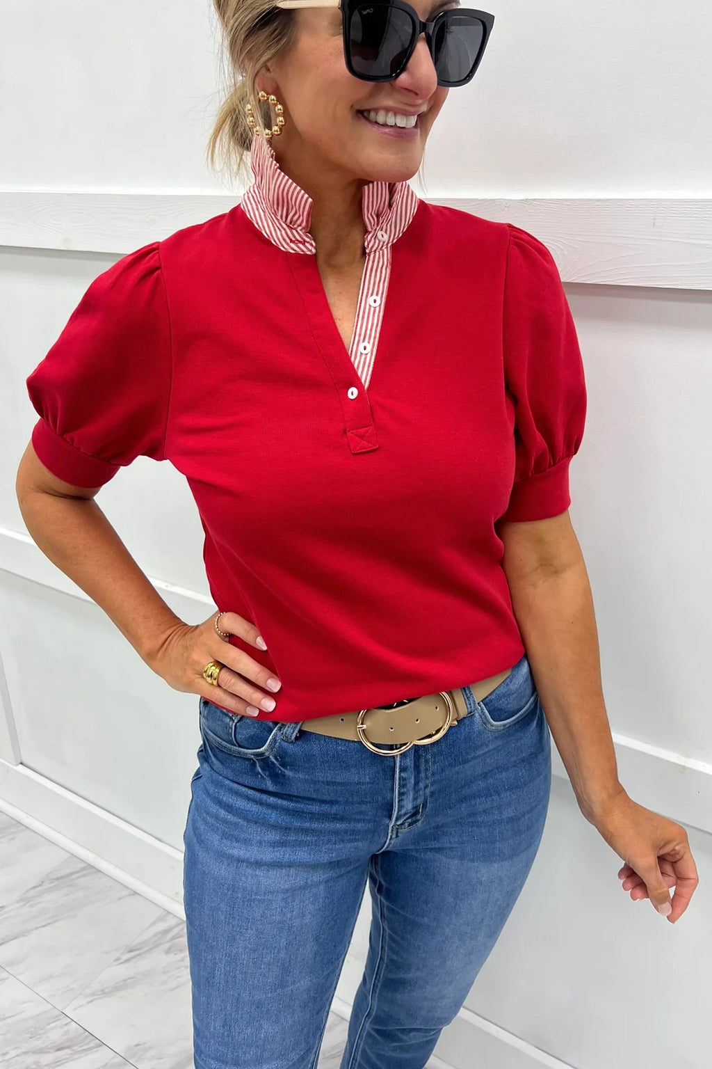 Fiery Red Striped Frilled Collar Short Sleeve Blouse