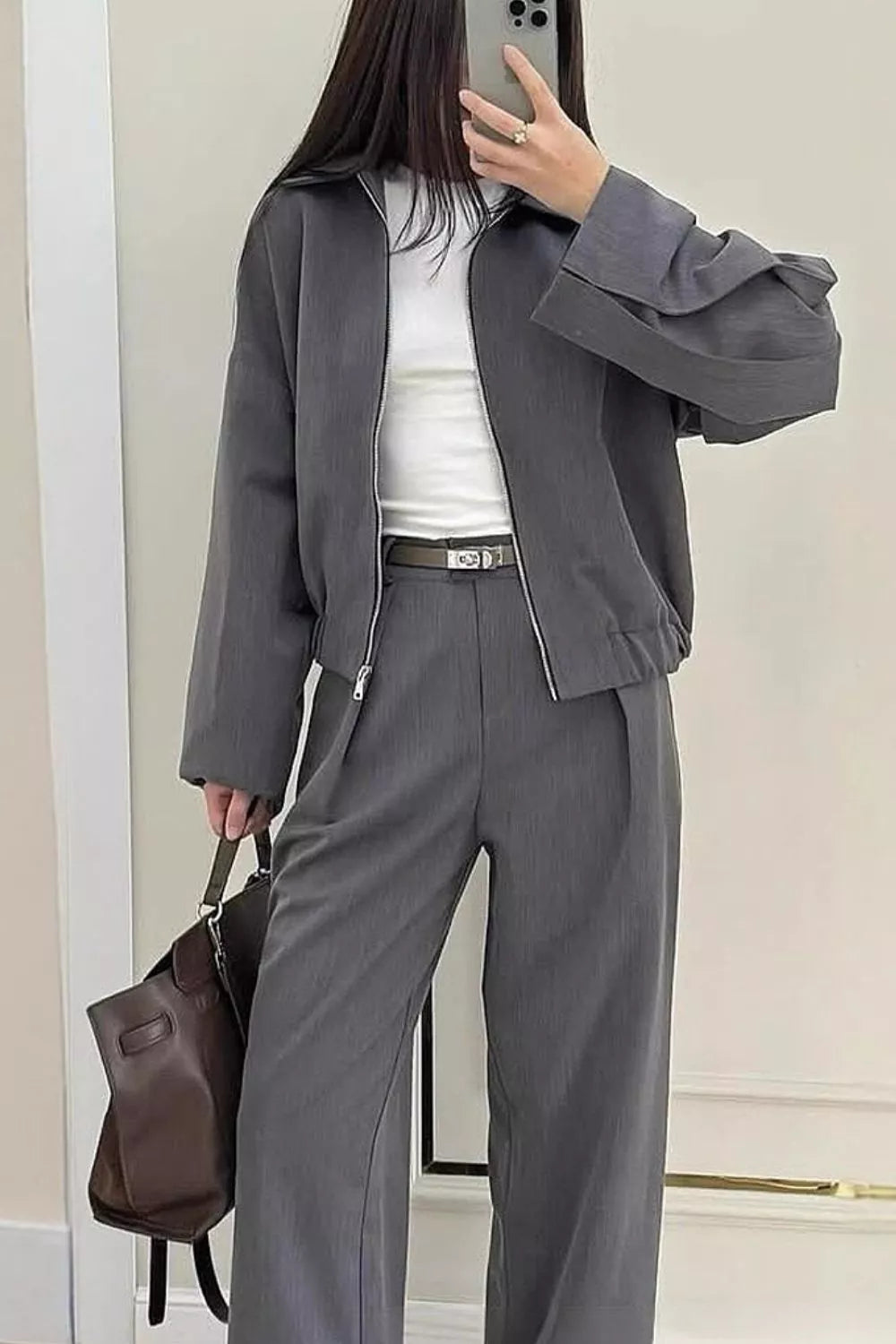 Zip-Up Jacket and Wide-Leg Pants Set