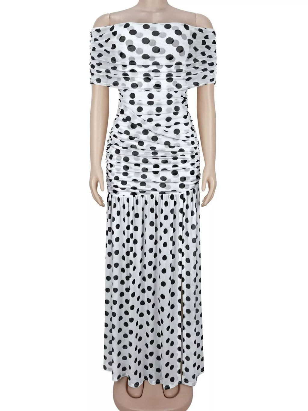 Polka Dot Off Shoulder Slit Maxi Dress