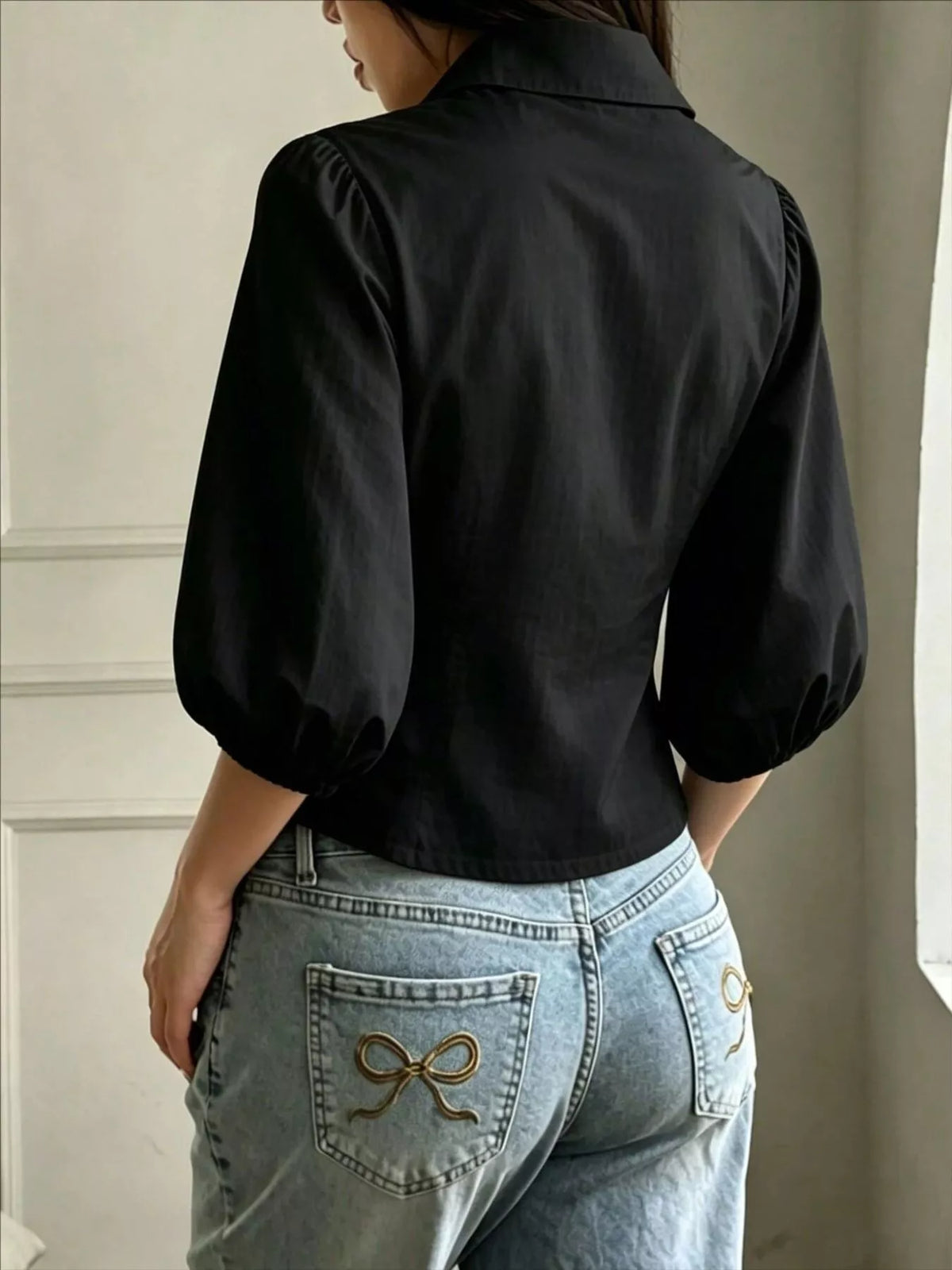 Button-Down Shirt with Puff Sleeves