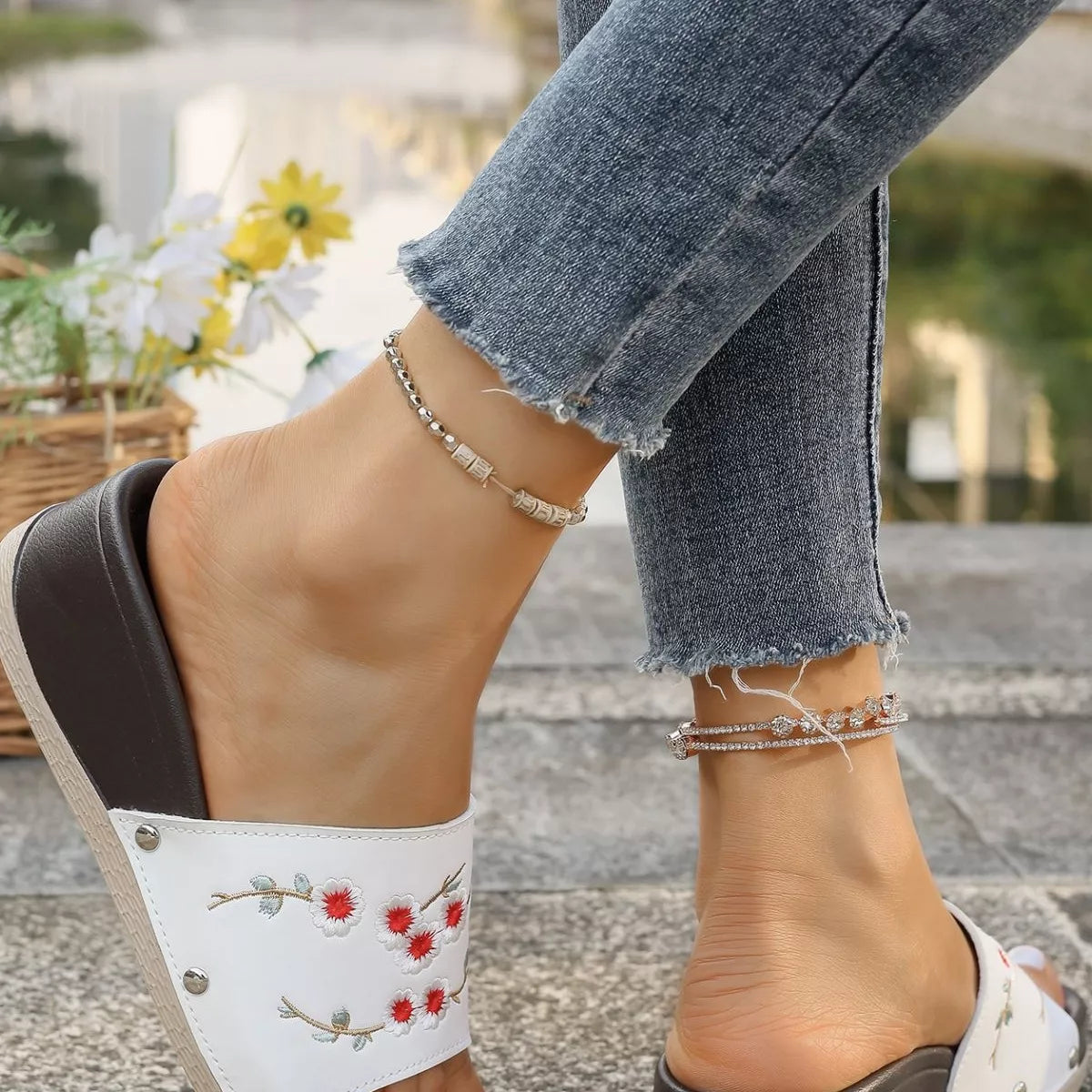 Floral Embroidered Wedge Sandals