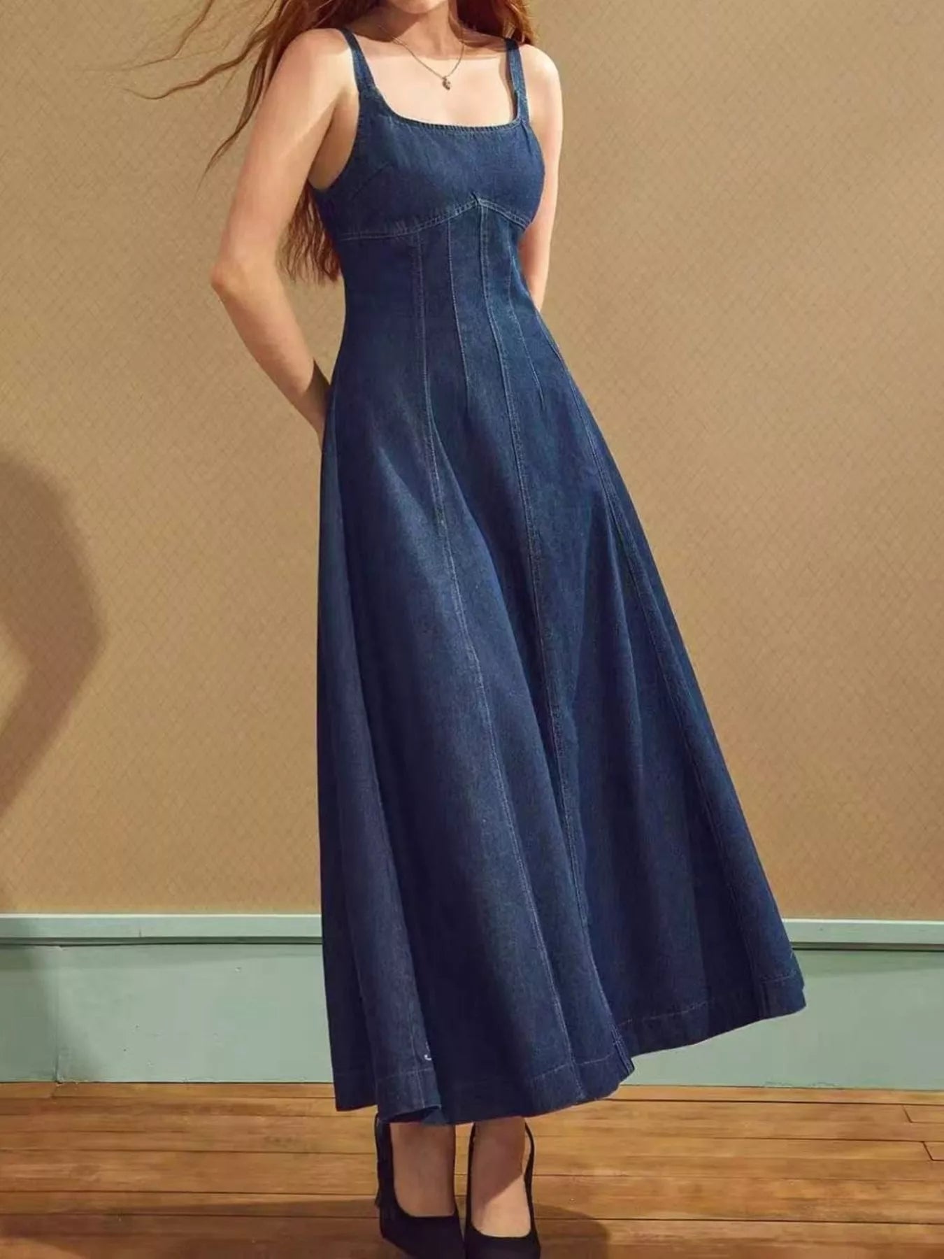 Square Neck A-Line Denim Dress
