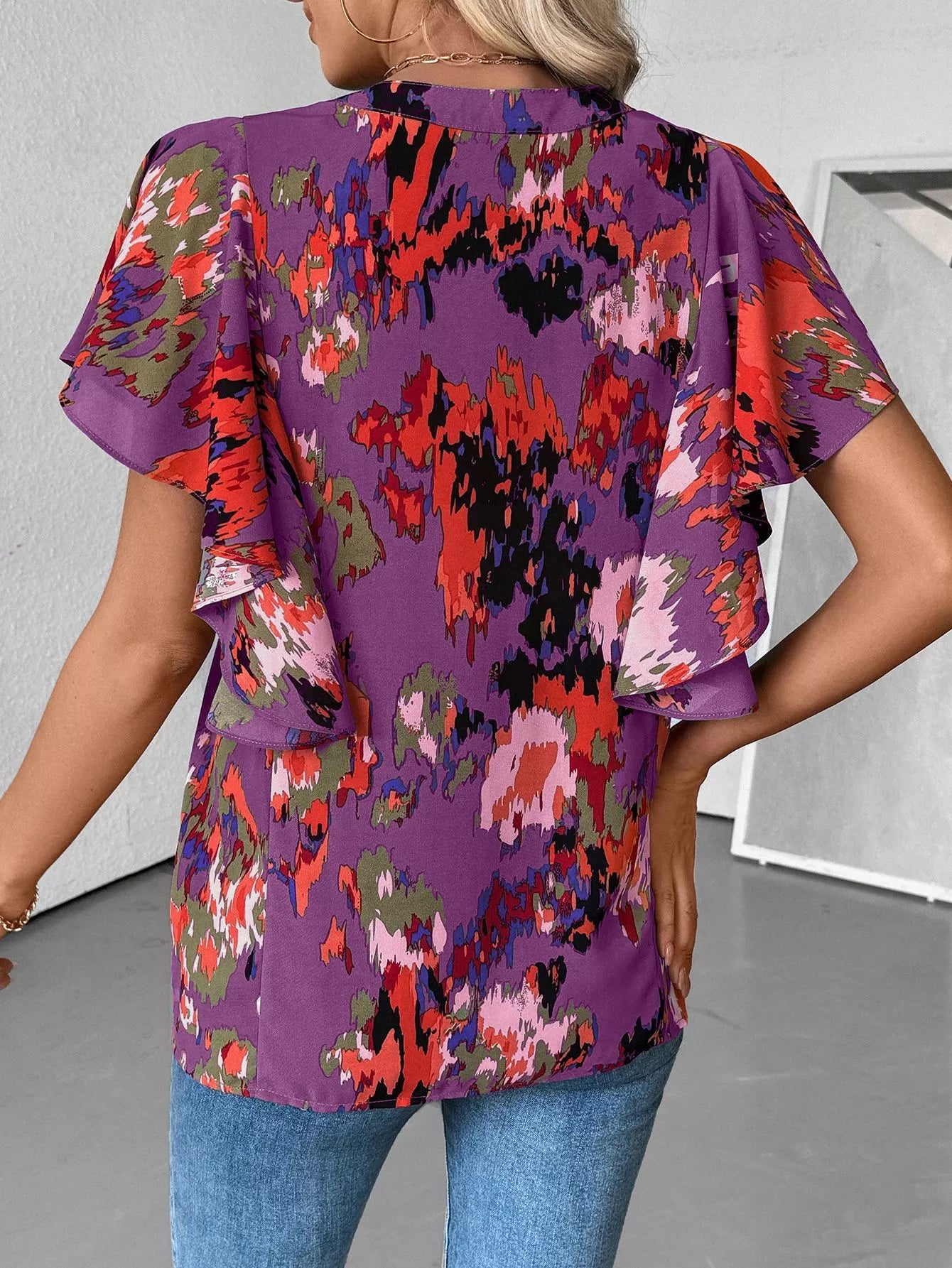 Abstract Print Flutter Sleeve Blouse