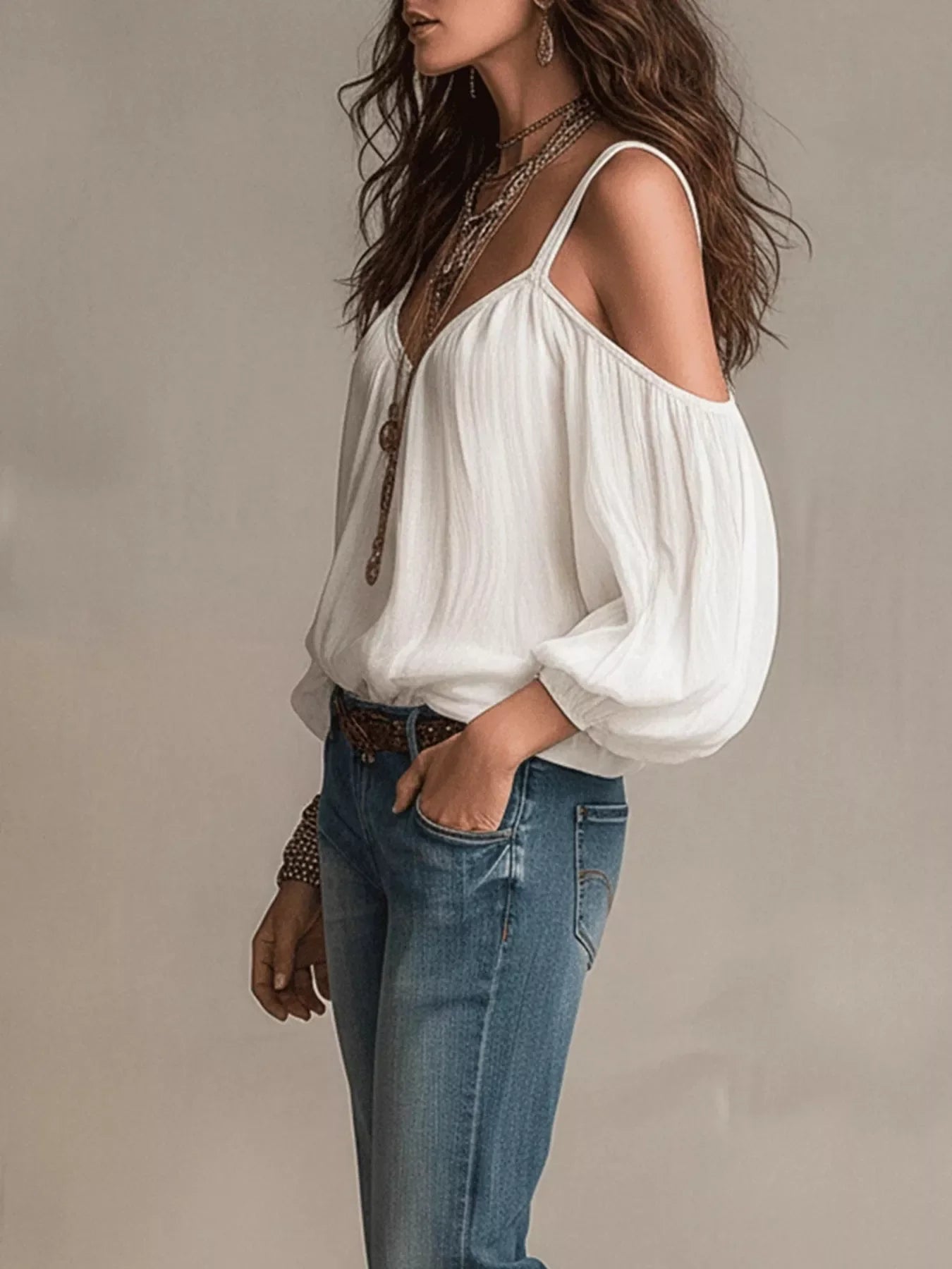 Cold Shoulder Balloon Sleeve Blouse